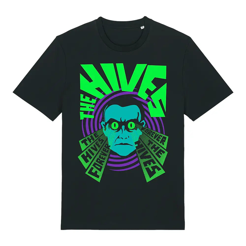 Black short-sleeved t-shirt featuring a vibrant graphic of the hives band logo with neon green and purple stylized text and imagery.